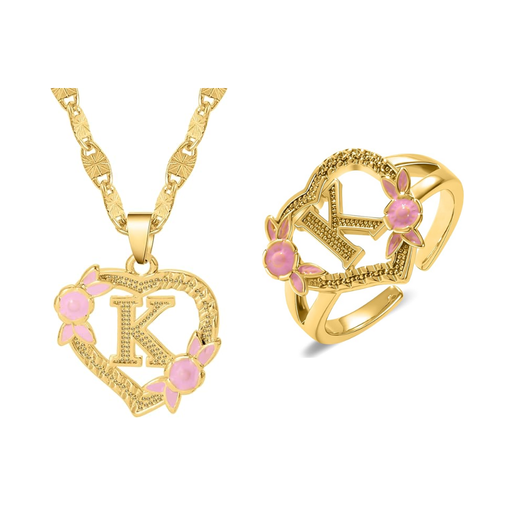 Floral Initial Necklace & Ring Set