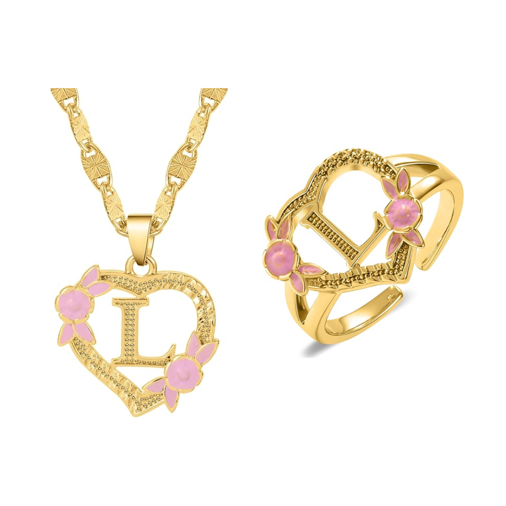 Floral Initial Necklace & Ring Set
