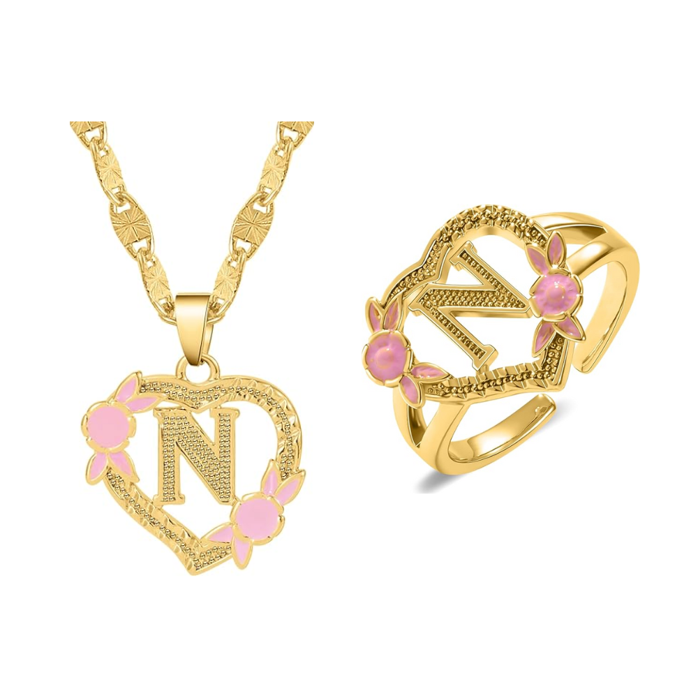 Floral Initial Necklace & Ring Set