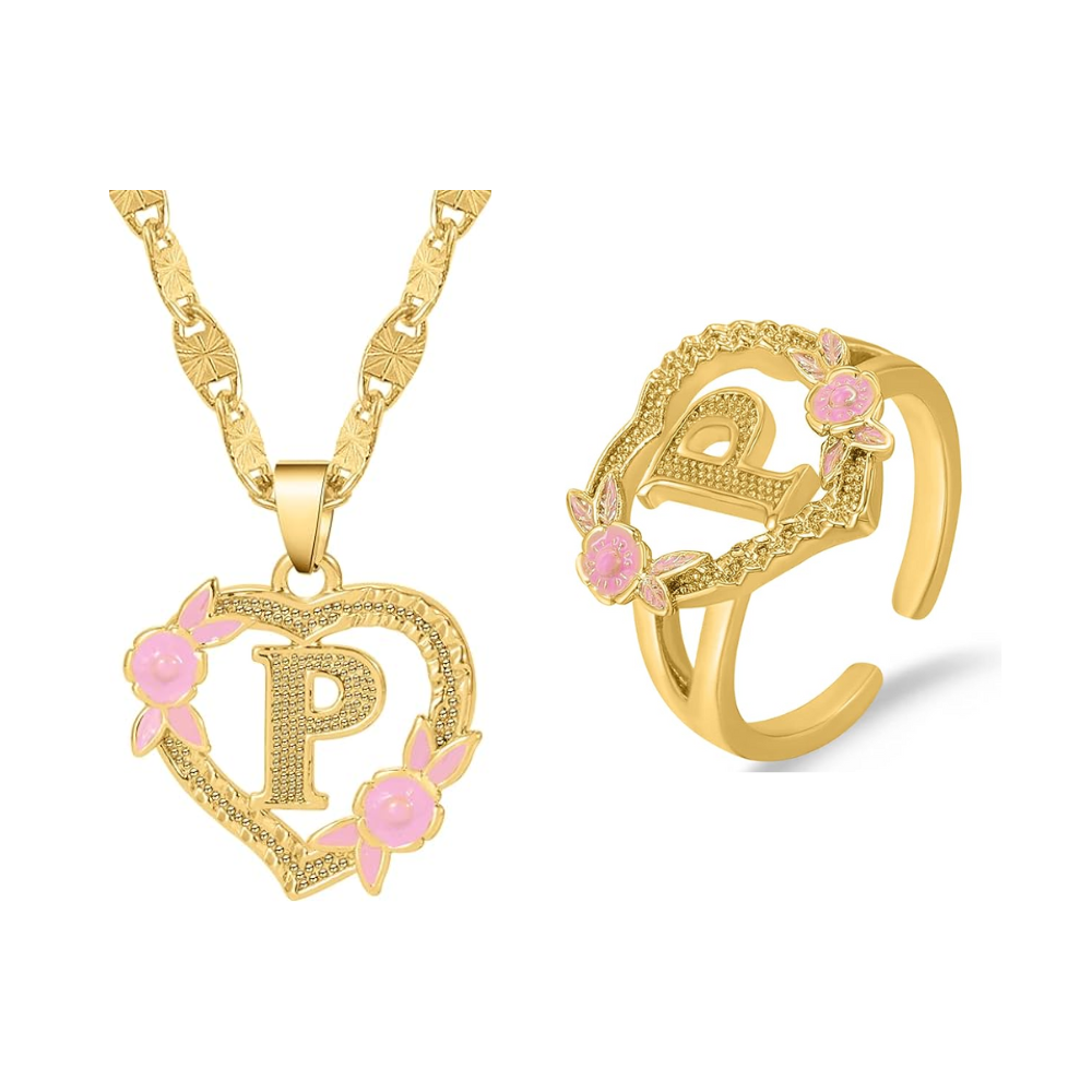Floral Initial Necklace & Ring Set