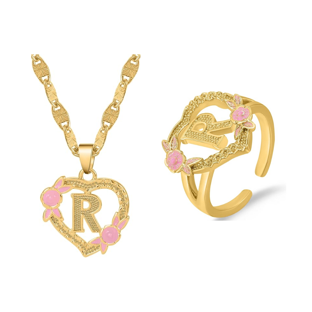Floral Initial Necklace & Ring Set