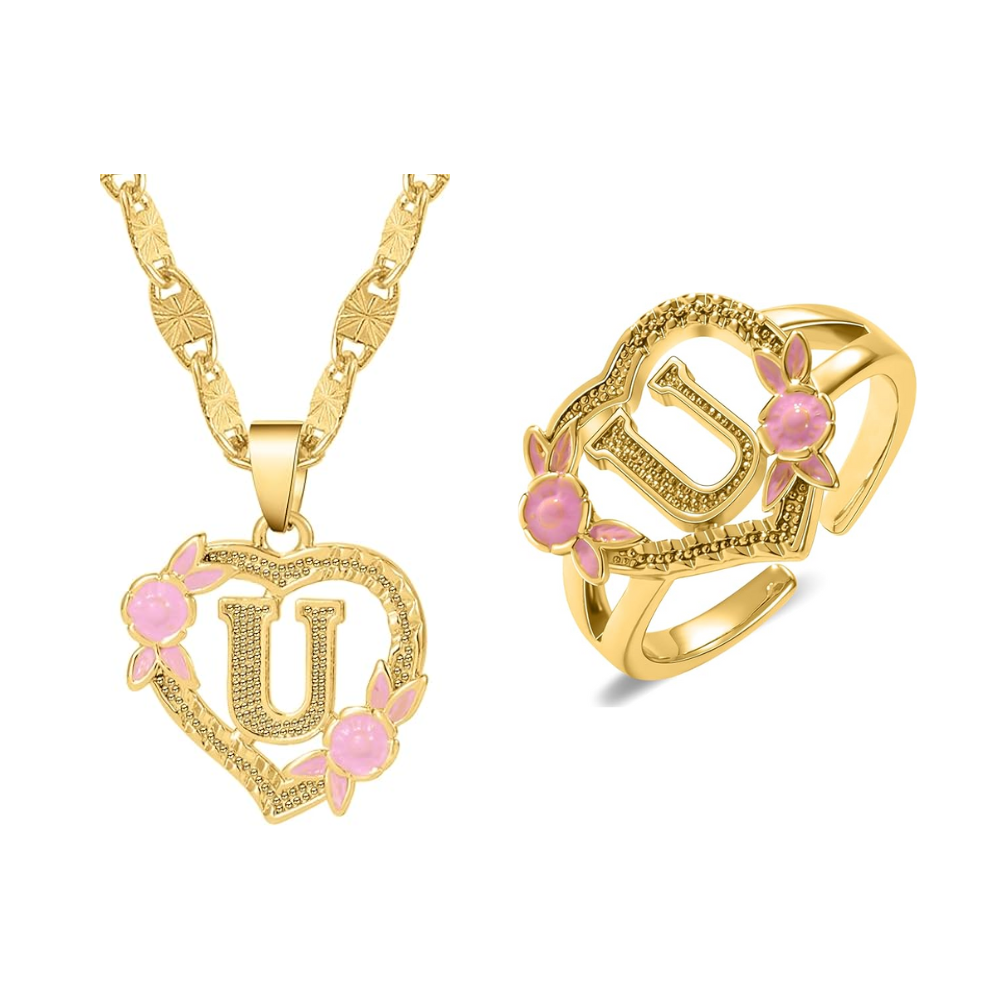 Floral Initial Necklace & Ring Set