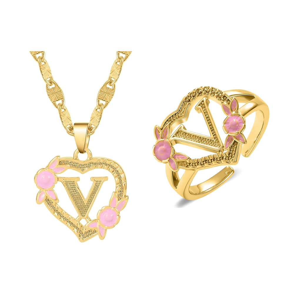 Floral Initial Necklace & Ring Set