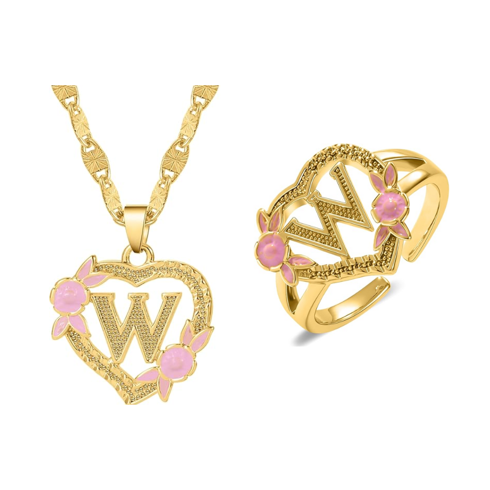 Floral Initial Necklace & Ring Set