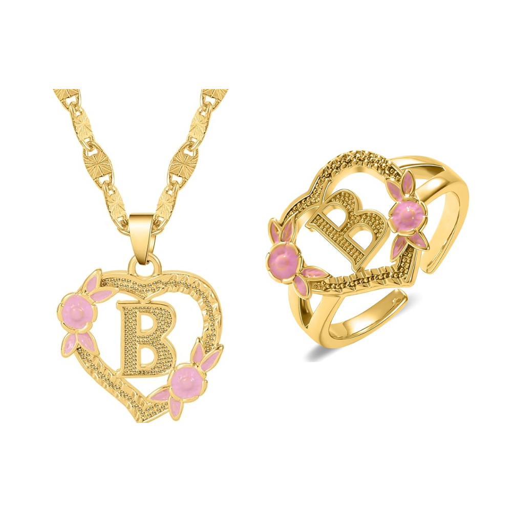 Floral Initial Necklace & Ring Set