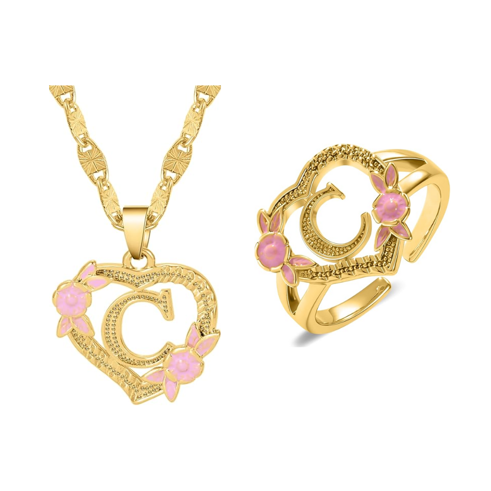 Floral Initial Necklace & Ring Set