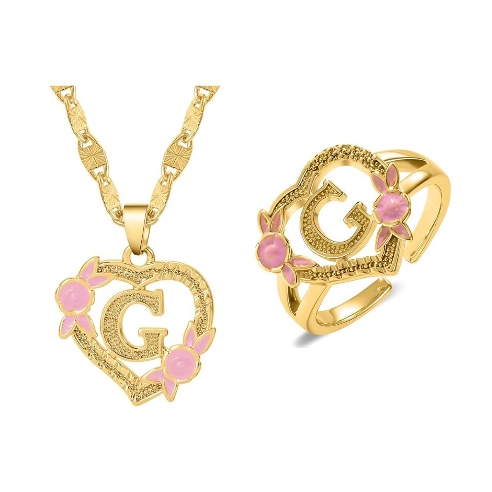 Floral Initial Necklace & Ring Set